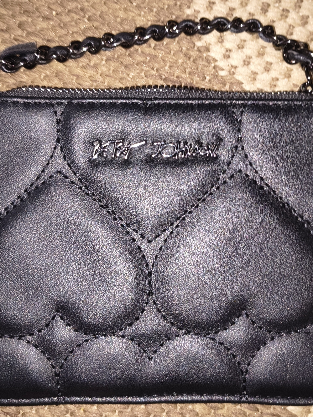 Betsey Johnson Black Quilted Heart Chain Wristlet.